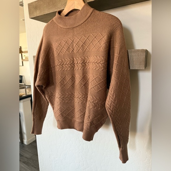 Magaschoni|Brown tan super soft mock neck sweater in textured detail•••Large - Picture 6 of 10